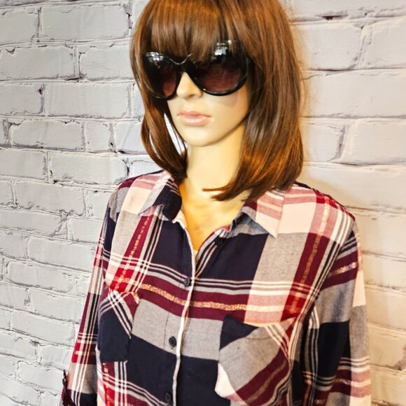 CLEO, Plaid navy/burgundy button down top with slight metallic thread detailing - Picture 5 of 8